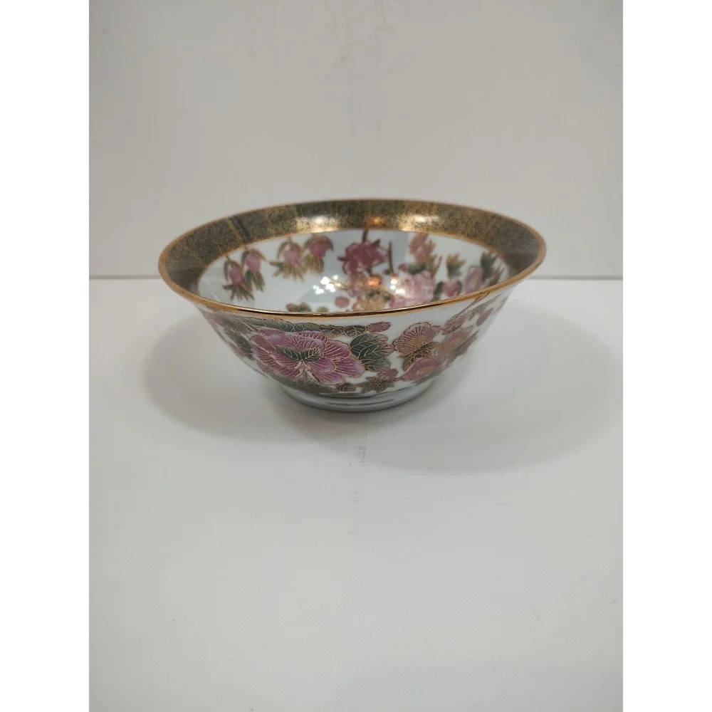 Vintage Oriental Display Bowl‎ Green Gold Mauve Floral 8.5